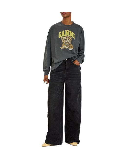 Ganni Gray Printed Long-Sleeve Cotton T-Shirt