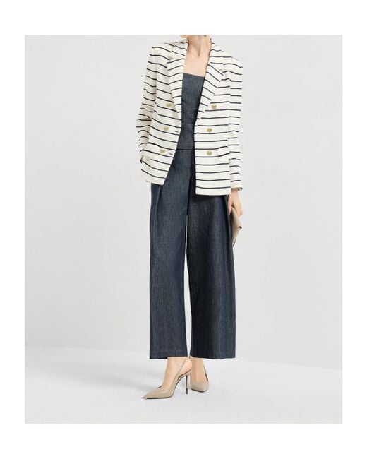 Brunello Cucinelli White Cotton Stripe Double-Breasted Blazer
