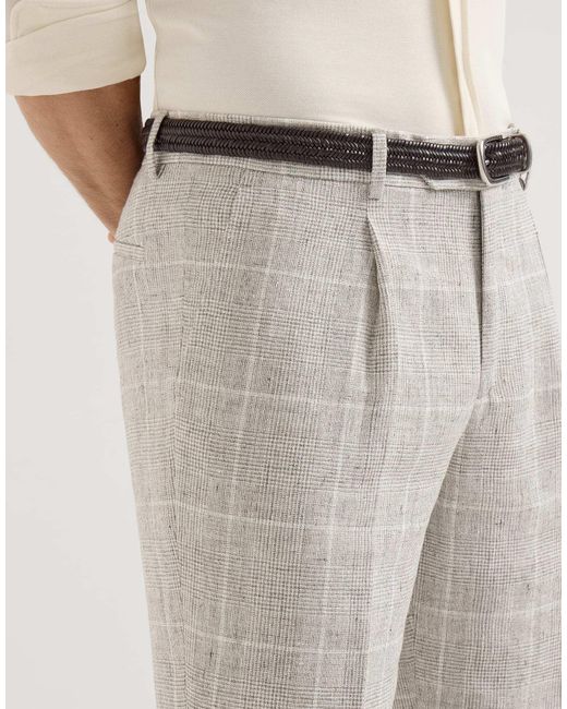 Brunello Cucinelli Gray Linen Prince Of Wales Trousers With Pleat for men