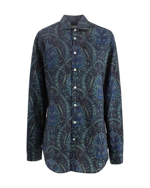 Etro Blue Paisley-Pattern Buttoned Shirt for men
