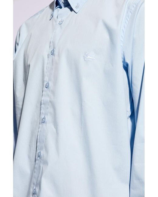Etro Blue Pegaso-Embroidered Cotton Shirt for men