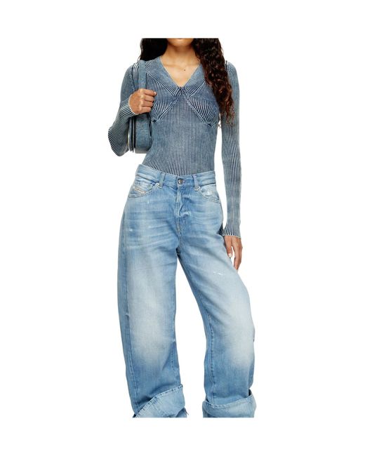 DIESEL Blue Ribbed V-Neck Top