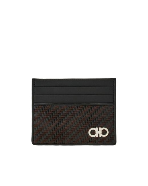Ferragamo Black Woven Credit Card Holder for men