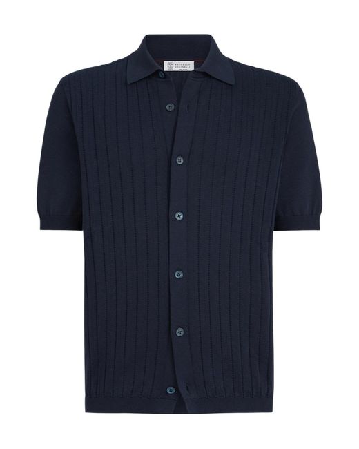 Brunello Cucinelli Blue Short Sleeved Knitted Shirt for men