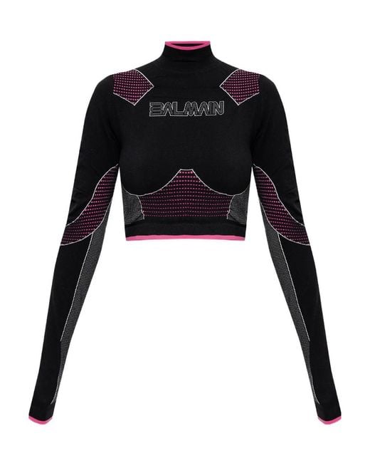 Balmain Black High Neck Seamless Cropped Top