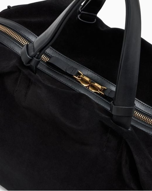 Giorgio Armani Black Suede Travel Duffel Bag With Leather Handles And Zipper for men