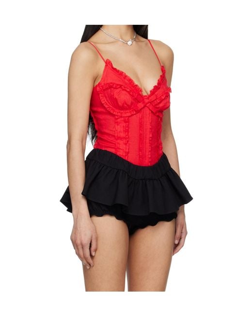 ShuShu/Tong Red Ruffled Bow-Detail Bodysuit