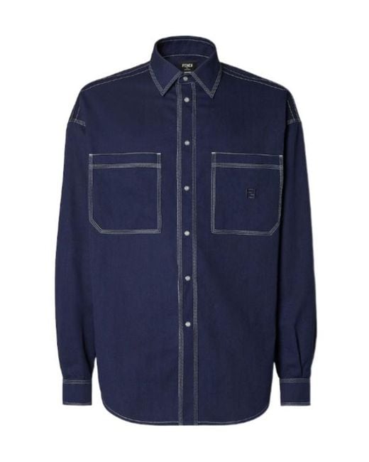 Fendi Blue Logo Embroidered Long-Sleeved Shirt for men