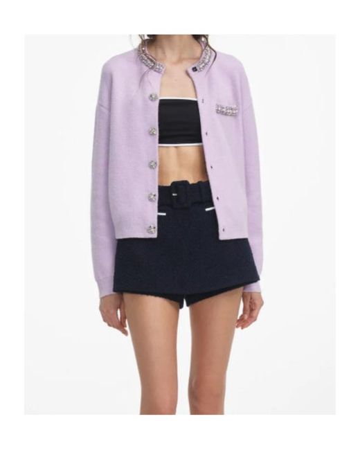 Self-Portrait Multicolor Pearl Trim Ribbed Knit Cardigan