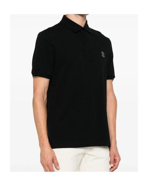 Brunello Cucinelli Black Logo Embroidered Short Sleeved Polo Shirt for men