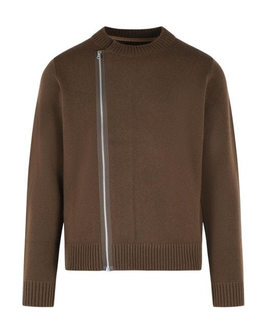 Sacai Brown Asymmetric Zip Knitted Sweater for men
