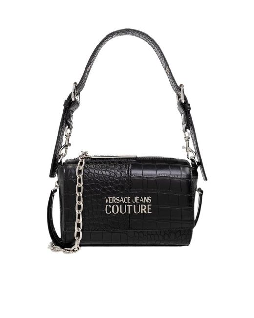 Versace Jeans Black Crocodile-Effect Shoulder Bag