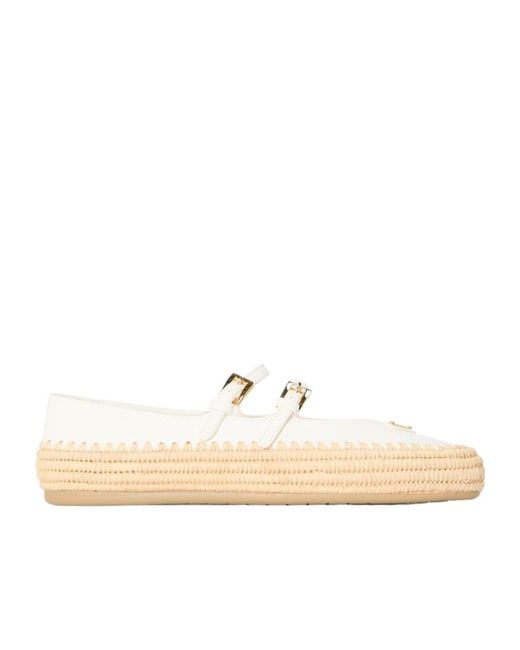 Prada Natural Nappa Leather And Raffia Ballerinas