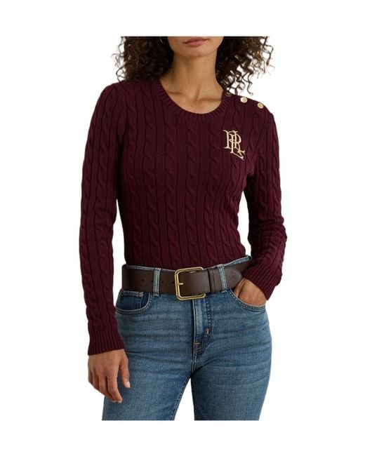 Ralph Lauren Purple Burgundy Cable-Knit Crewneck Sweater