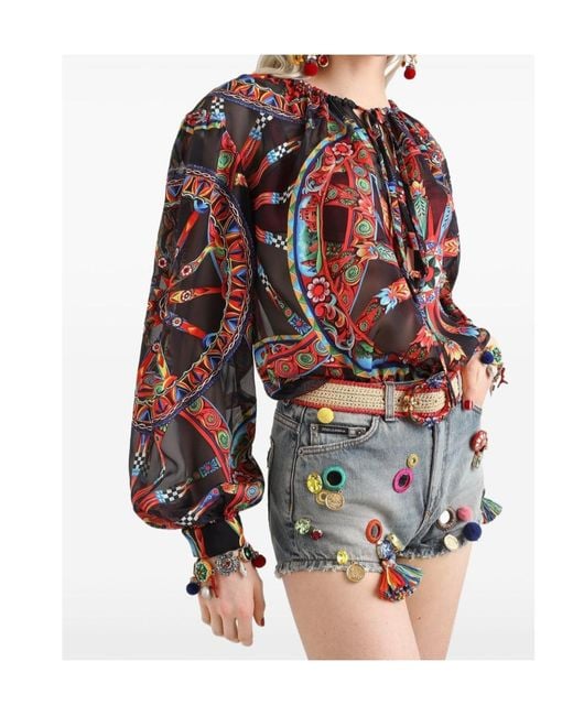 Dolce & Gabbana Red Carretto-Print Devoré Twill Top