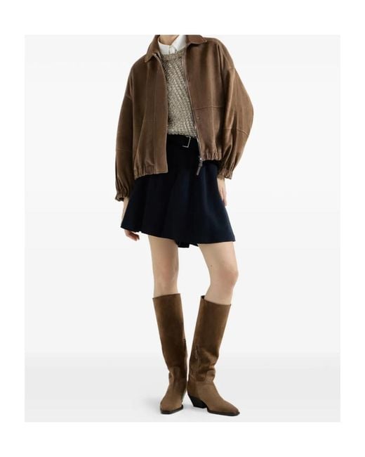Brunello Cucinelli Blue Virgin Wool Crêpe Chevron Skirt-Pants With Monili
