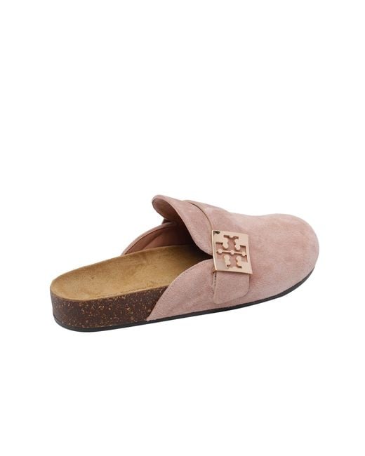 Tory Burch Pink Mellow Metal-Logo Suede Mules