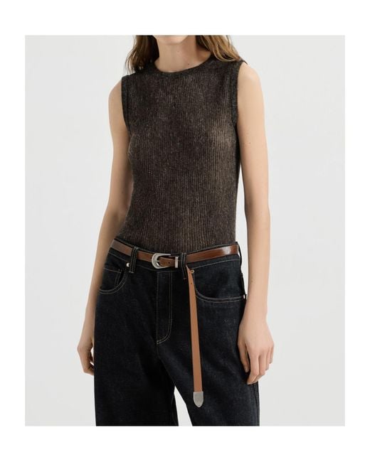 Brunello Cucinelli Black Sparkling Silk, Alpaca And Wool Rib-Knit Top