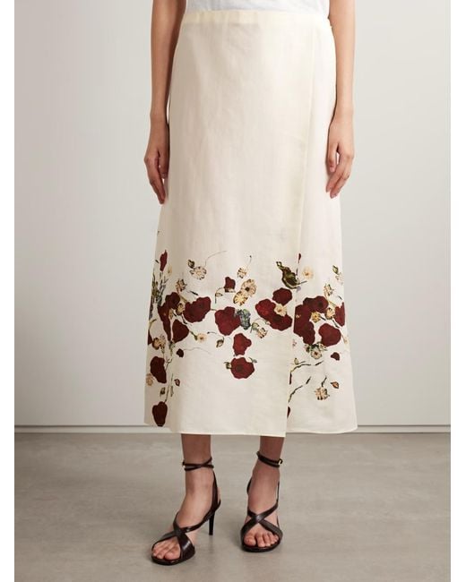 Khaite White Floral Printed Midi Skirt