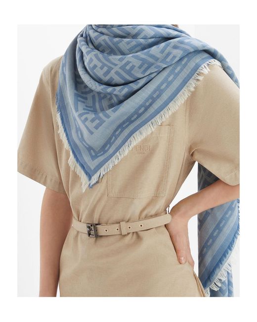 Fendi Blue Ff Printed Frayed-Edge Scarf