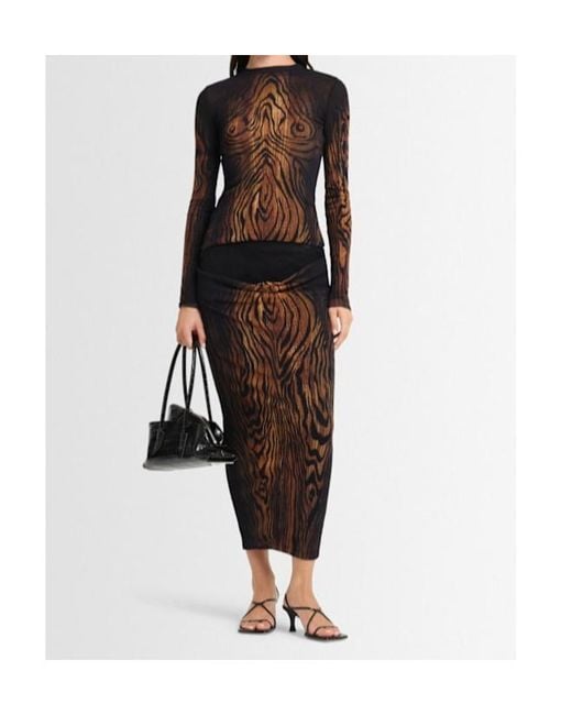 Jean Paul Gaultier Brown Wood Grain Print Mesh Long-Sleeved Top
