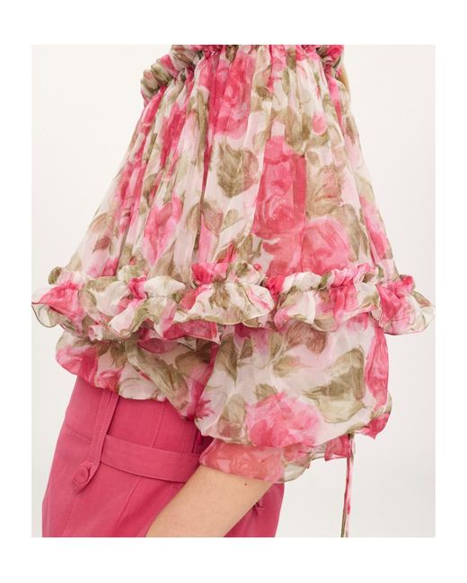 Chloé Pink Chloé Ruffled Floral Off-Shoulder Top