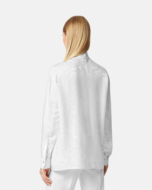 Versace White Barocco-Jacquard Pussy-Bow Blouse