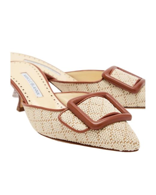 Manolo Blahnik Natural Raffia And Leather Mules