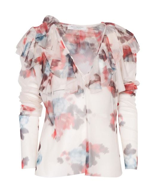 Philosophy Di Lorenzo Serafini Pink Ruffled-Neckline Floral-Print Blouse