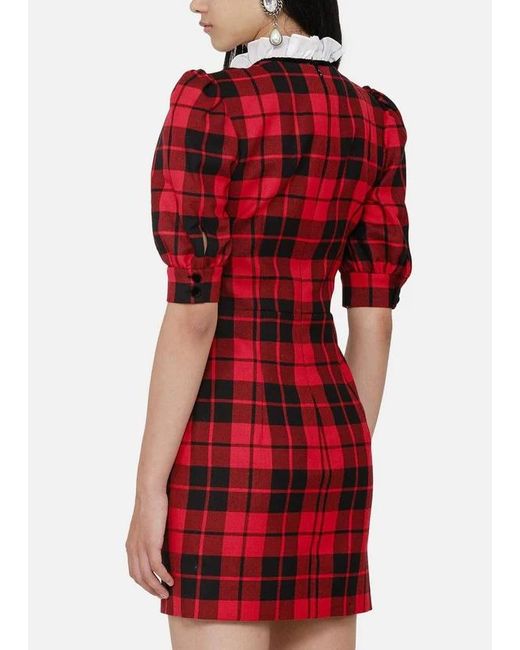 Alessandra Rich Red Plaid Short-Sleeved Wool Dress