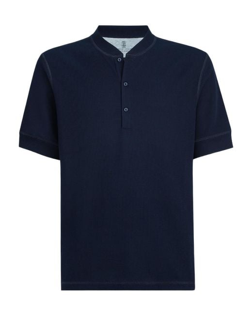 Brunello Cucinelli Blue Button-Down Short-Sleeve Polo Shirt for men