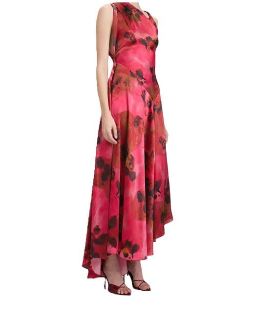 Victoria Beckham Red Asymmetric Hem Floral-Printed Satin Midi Dress