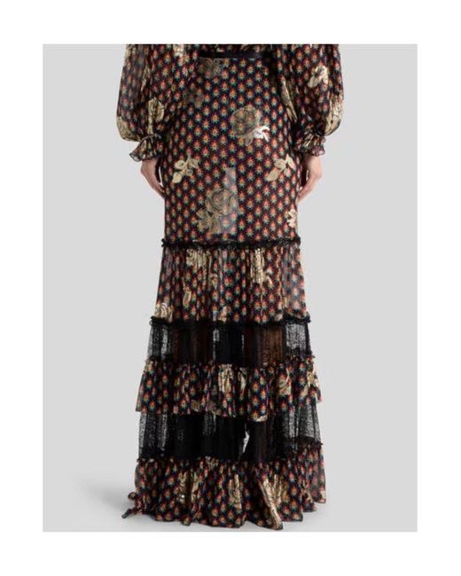 Etro Black Rose Patterned Asymmetric Midi Skirt