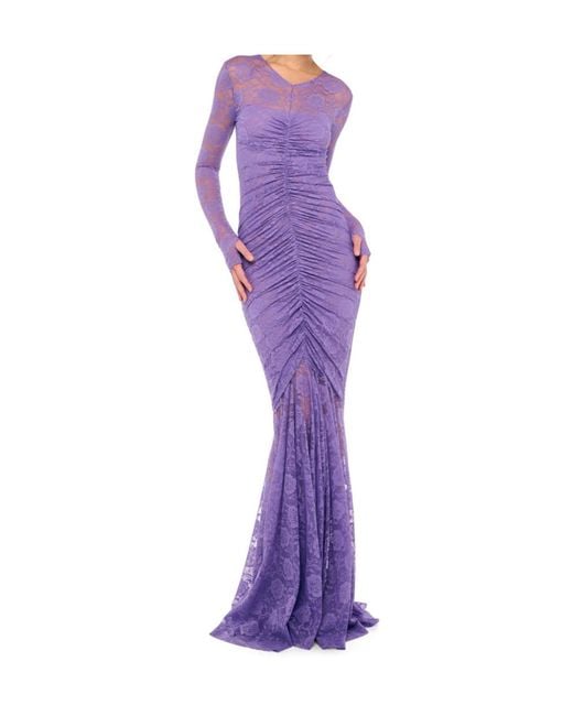 Norma Kamali Purple V Neck Shirred Front Fishtail Gown