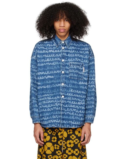 Marni Blue Logo Printed Buttoned Denim Shirt for men