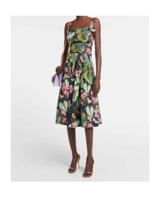 Oscar de la Renta Green Printed Cotton-Blend Poplin Midi Dress