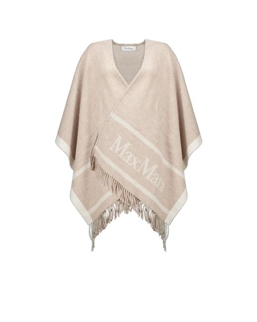 Max Mara Natural Hilde Logo-Intarsia Fringed Cape