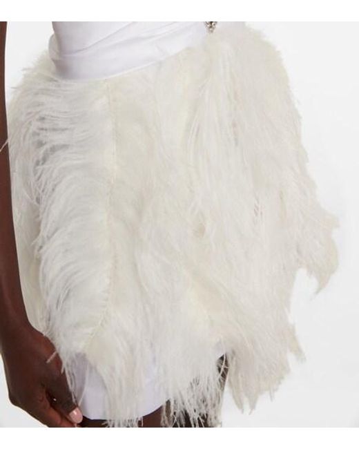 Alessandra Rich White Feather-Trimmed Embellished Silk Minidress