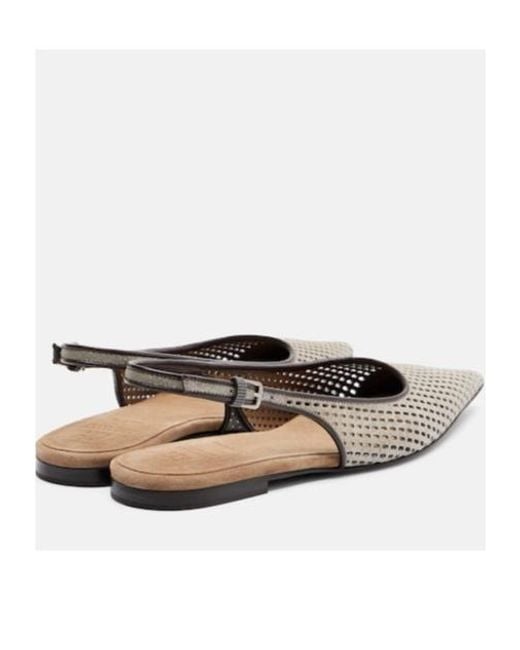 Brunello Cucinelli White Monili Leather Slingback Ballet Flats