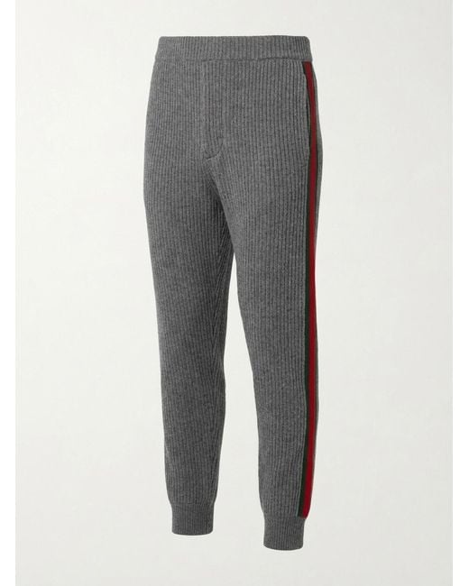 Gucci Gray Web-Stripe Ribbed-Knit Drawstring Track Pants for men