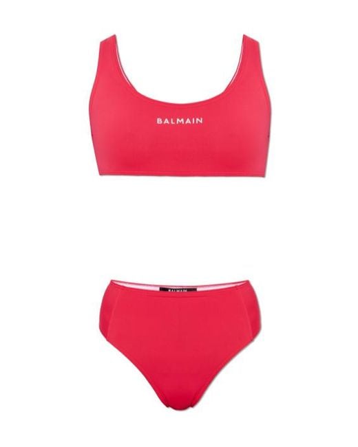 Balmain Red Logo Crop Bikini Set