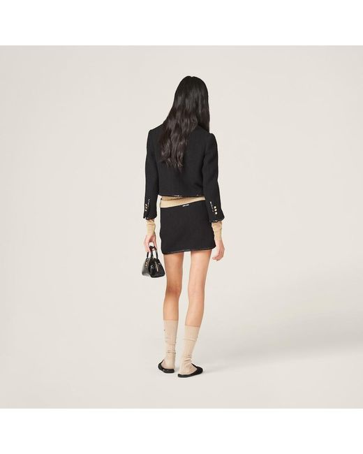 Miu Miu Black Logo-Patch Sequin-Trim Mini Skirt