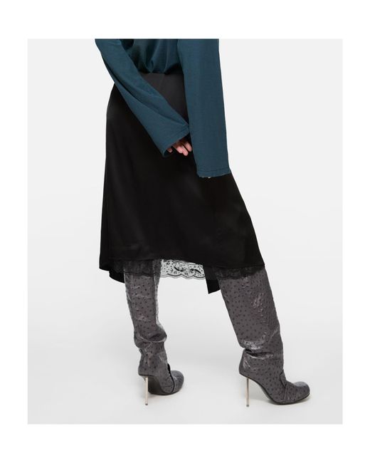 Acne Black Ruffled Lace-Trim Midi Skirt
