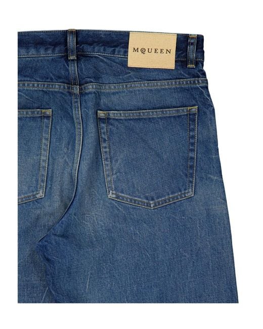 McQueen Blue Cotton Washed Jeans for men