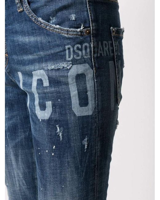DSquared² Blue Logo-Print Distressed Jeans