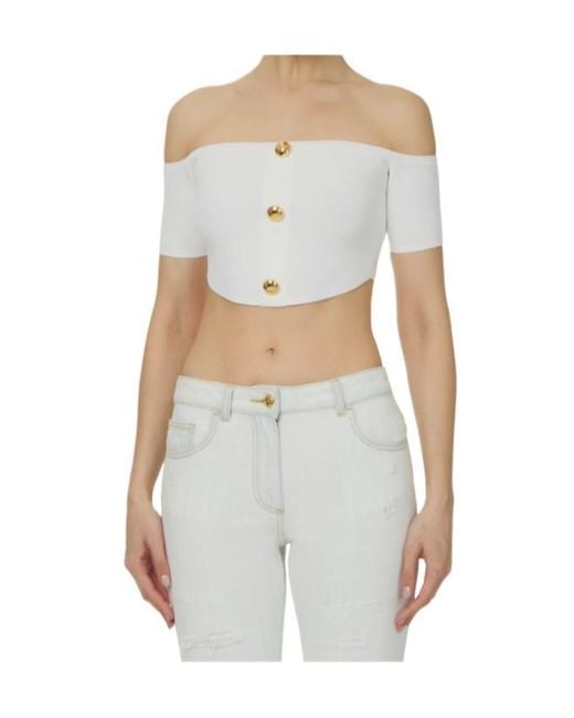 Elisabetta Franchi White Buttoned Off-Shoulder Knitted Top