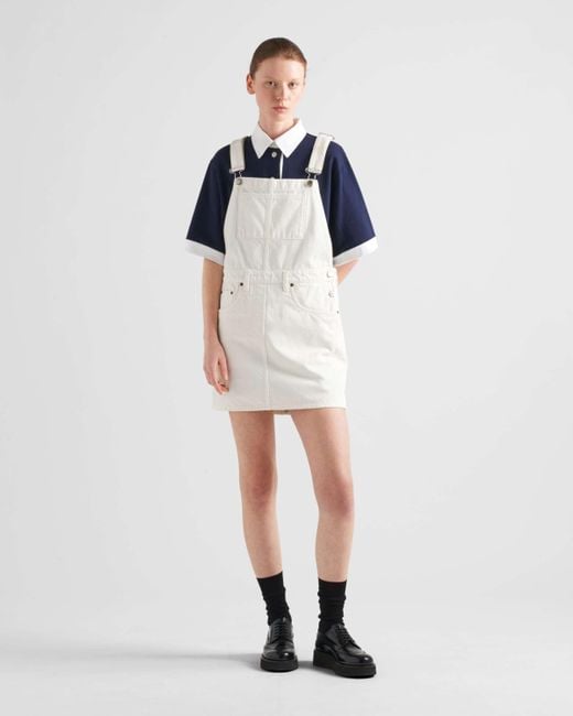 Prada White Triangle-Logo Denim Overall Mini-Dress