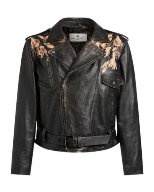 Etro Black Leather Biker Jacket With Placed Leopard Print for men