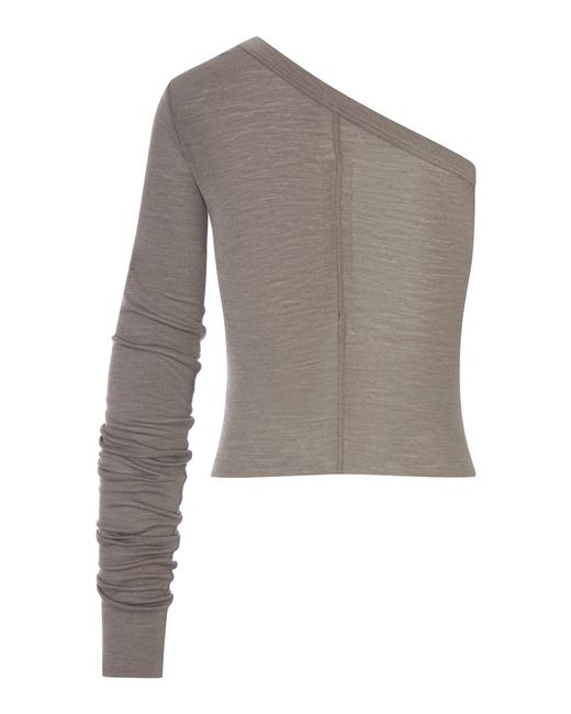 Rick Owens Gray Ziggy T One-Shoulder Jersey Top With Long Sleeves