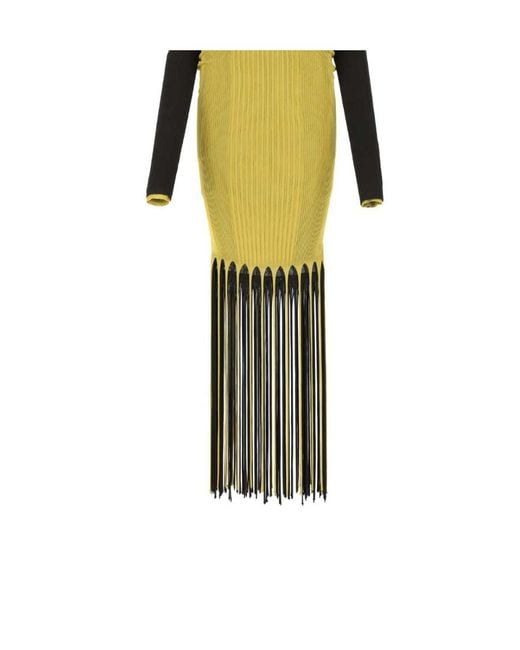 Bottega Veneta Yellow Halterneck Ribbed Fringed Dress